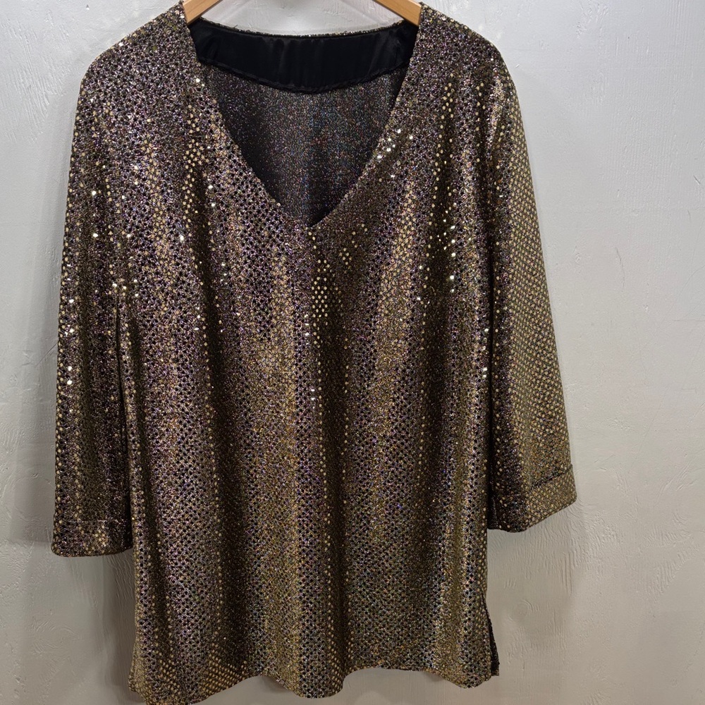 Gold & Black Sequin Sparkling Shimer Elegant Dressy Formal V Neck Blose Size 2X